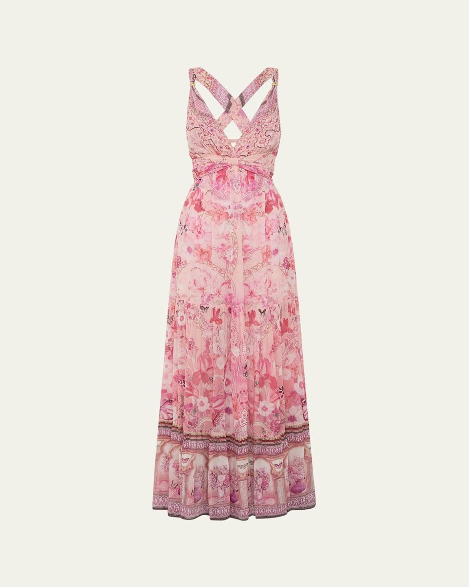 Botanical Novella Bead-Strap Gathered Panel Dress